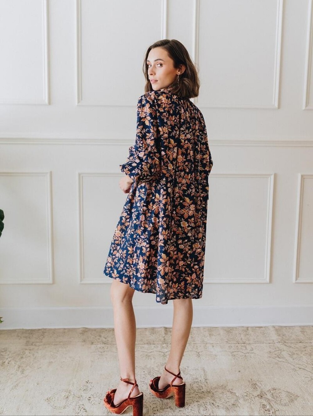 Mille Bonnie Dress Monmartre Floral Print Blue Brown Pintuck Front Cotton XS